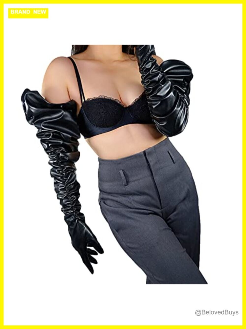 Faux PU Leather Ruched Long Gloves Pleated Wide Sleeve 40" Shoulder Length